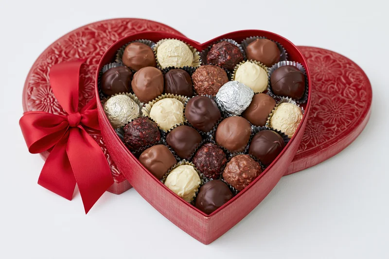 Heart-shaped chocolate gift box open with assorted truffles and ribbon on white background