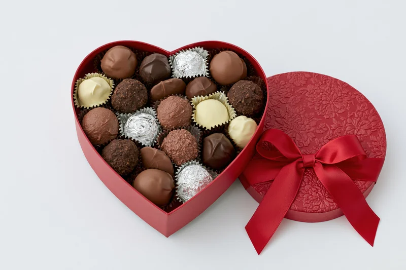 Open heart-shaped chocolate gift box with assorted candies and red ribbon on white background