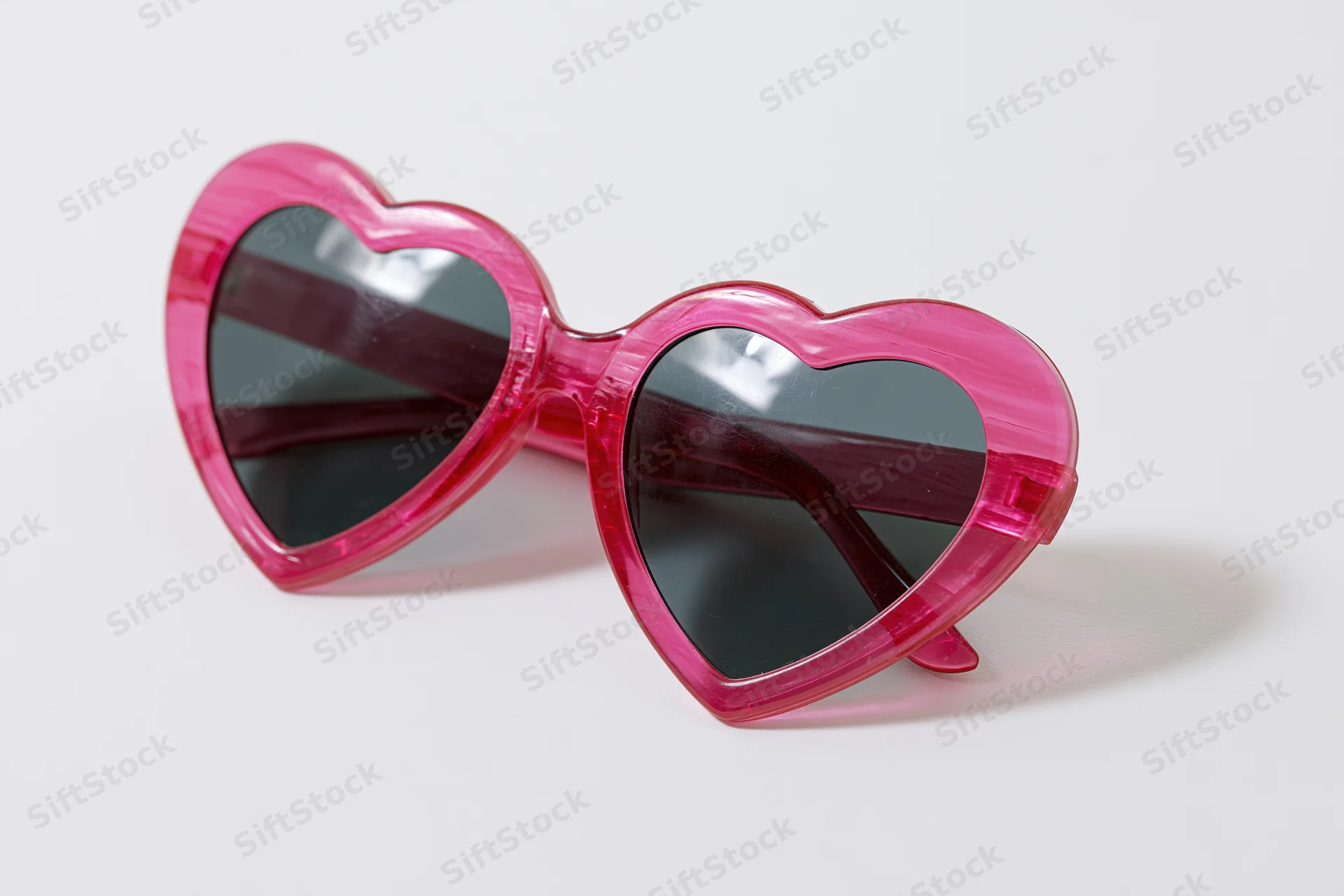 Heart-shaped pink plastic sunglasses on white background