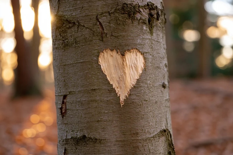 Heart carved into beech tree bark in forest with sunlight filtering through trees