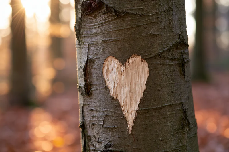 Heart carved into beech tree bark in a sunlit autumn forest