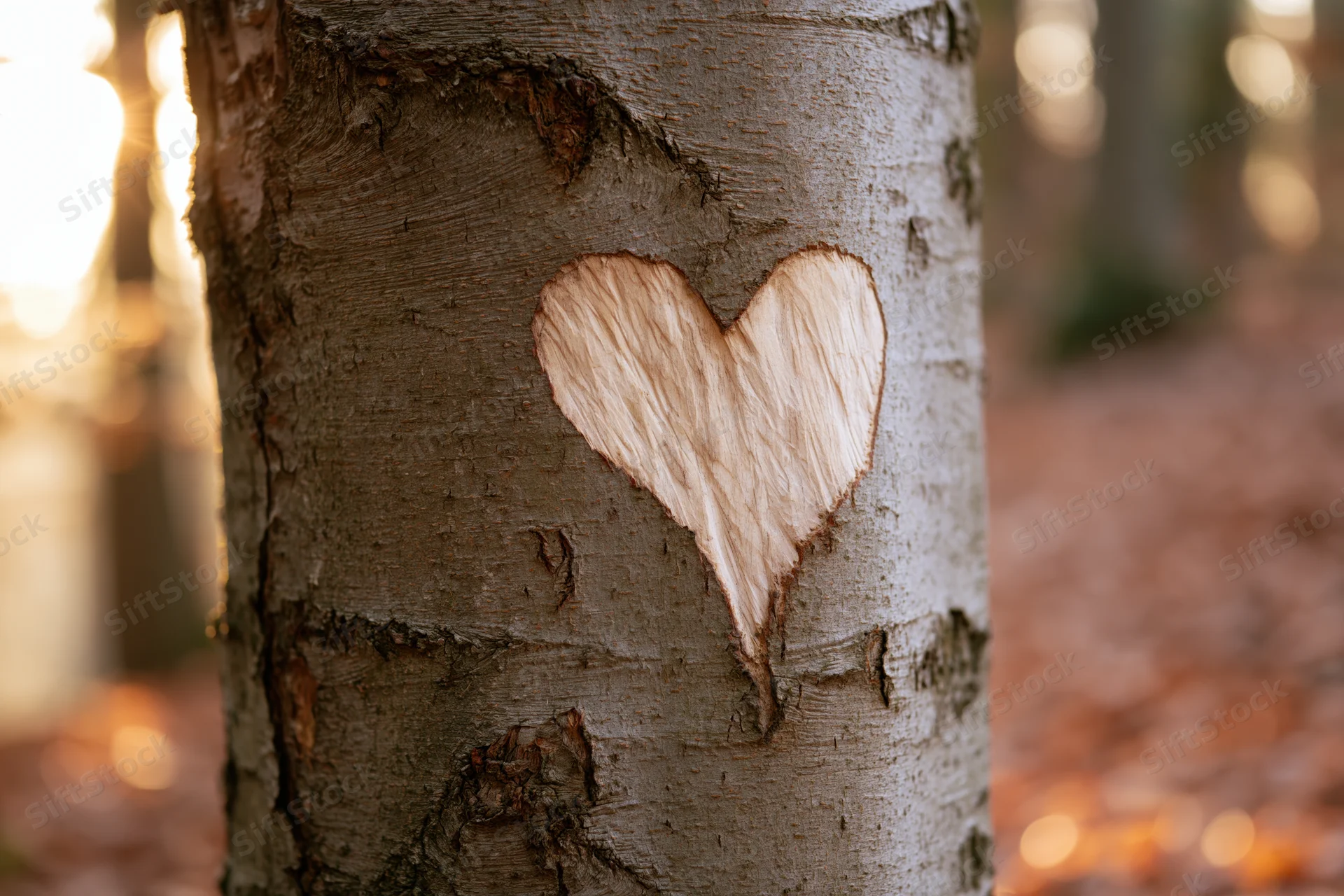 Heart carved into beech tree bark in a forest setting