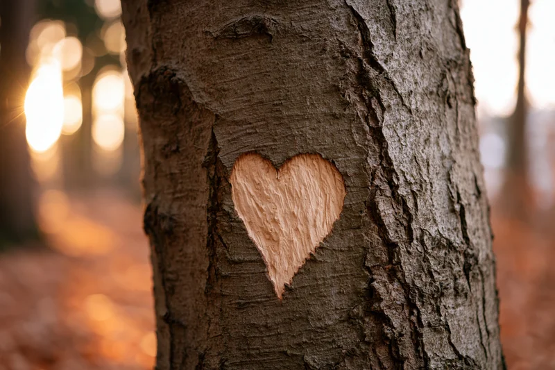 Heart carved into beech tree bark in autumn forest with sunlight and bokeh background