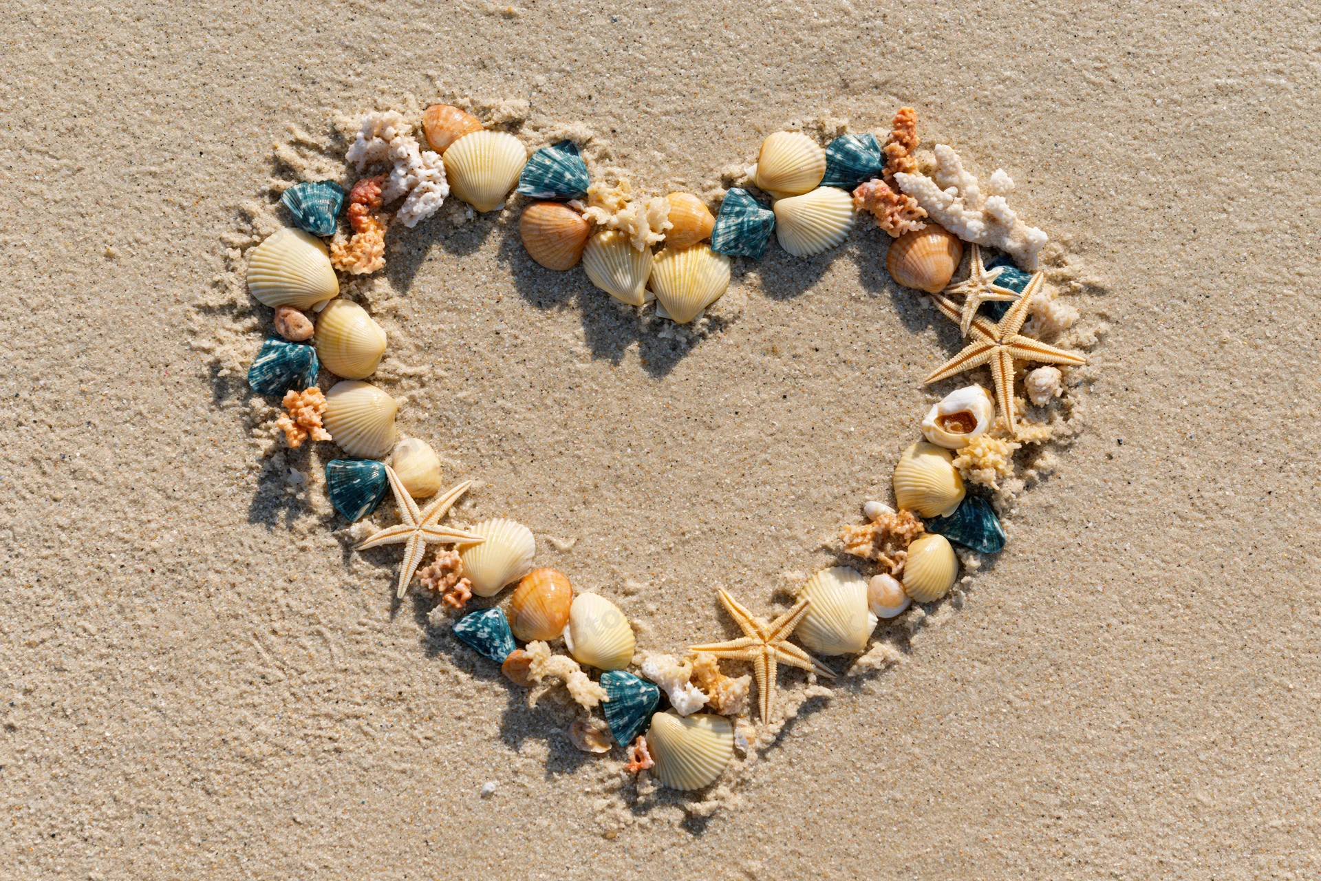 Heart shape made of seashells and starfish arranged on sandy beach