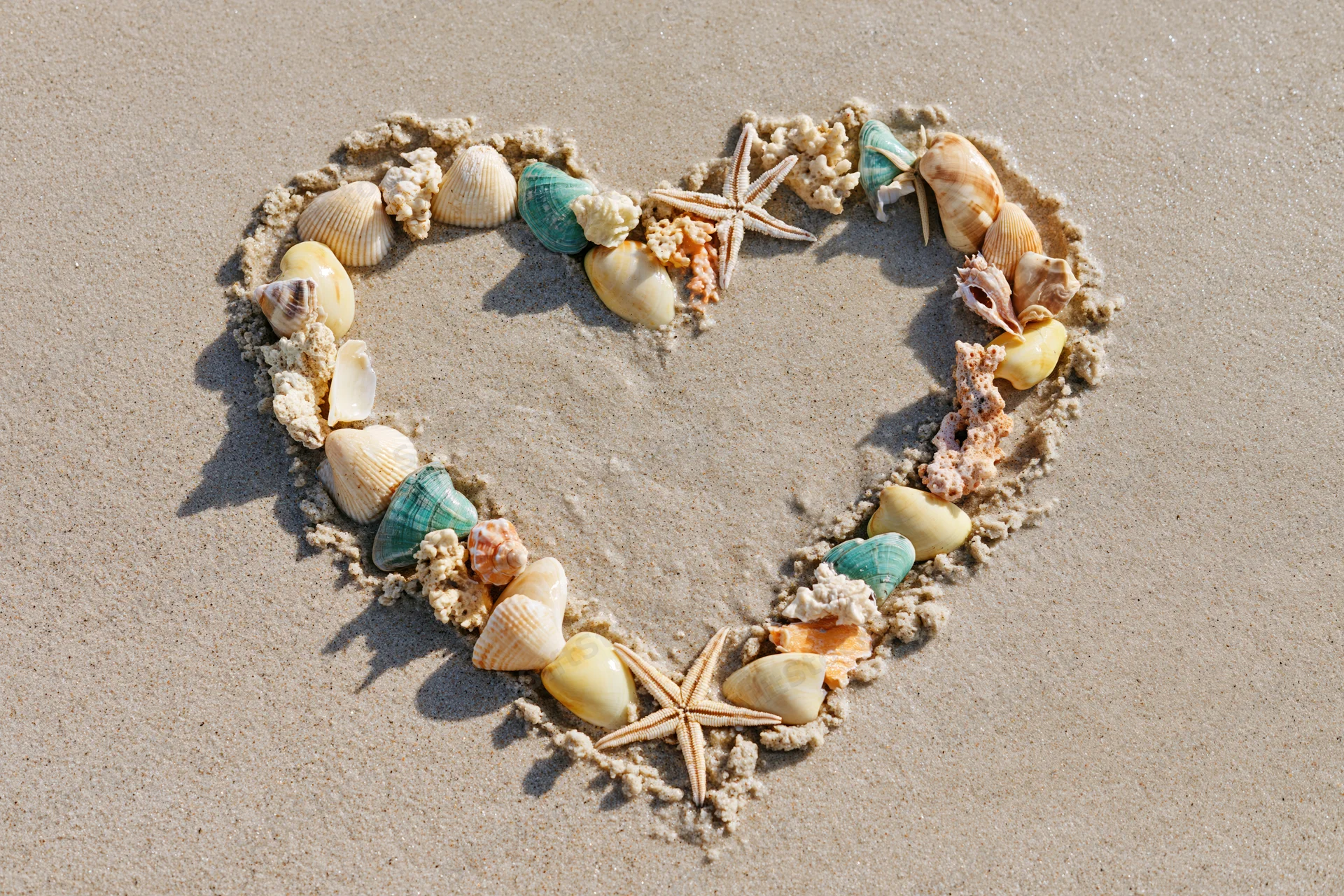 Heart shape made of seashells and starfish arranged in sand on beach