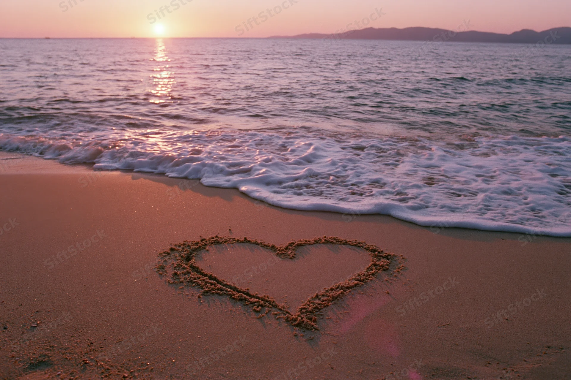 Heart drawn in wet sand on a beach at sunset with waves approaching