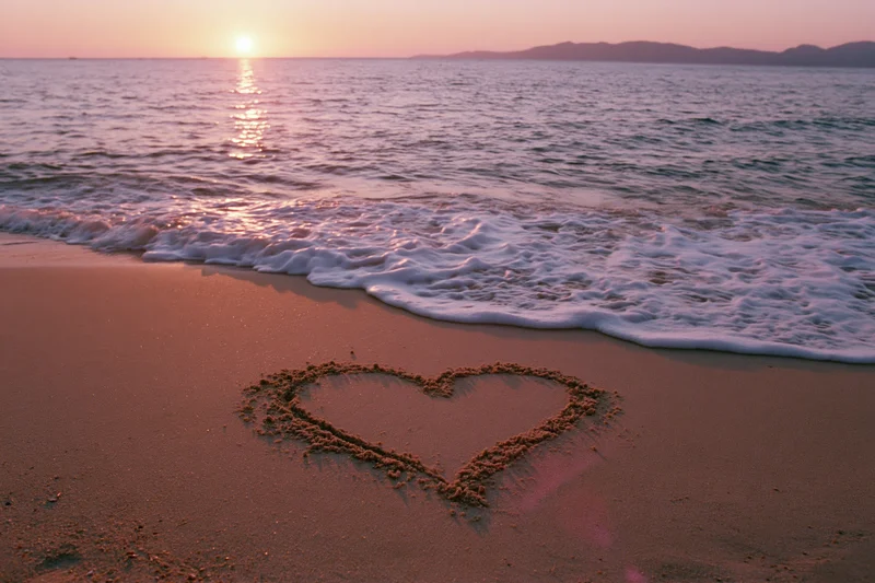 Heart drawn in wet sand on a beach at sunset with waves approaching