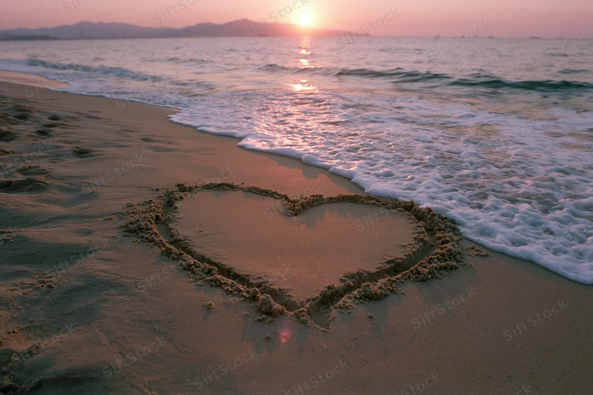 Heart drawn in wet sand on a beach at sunset with ocean waves approaching