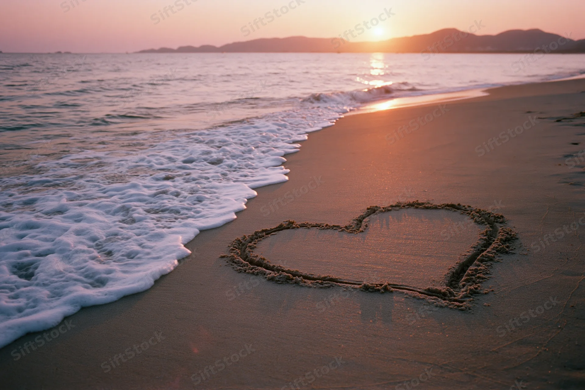 Heart drawn in wet sand on a beach at sunset with waves approaching