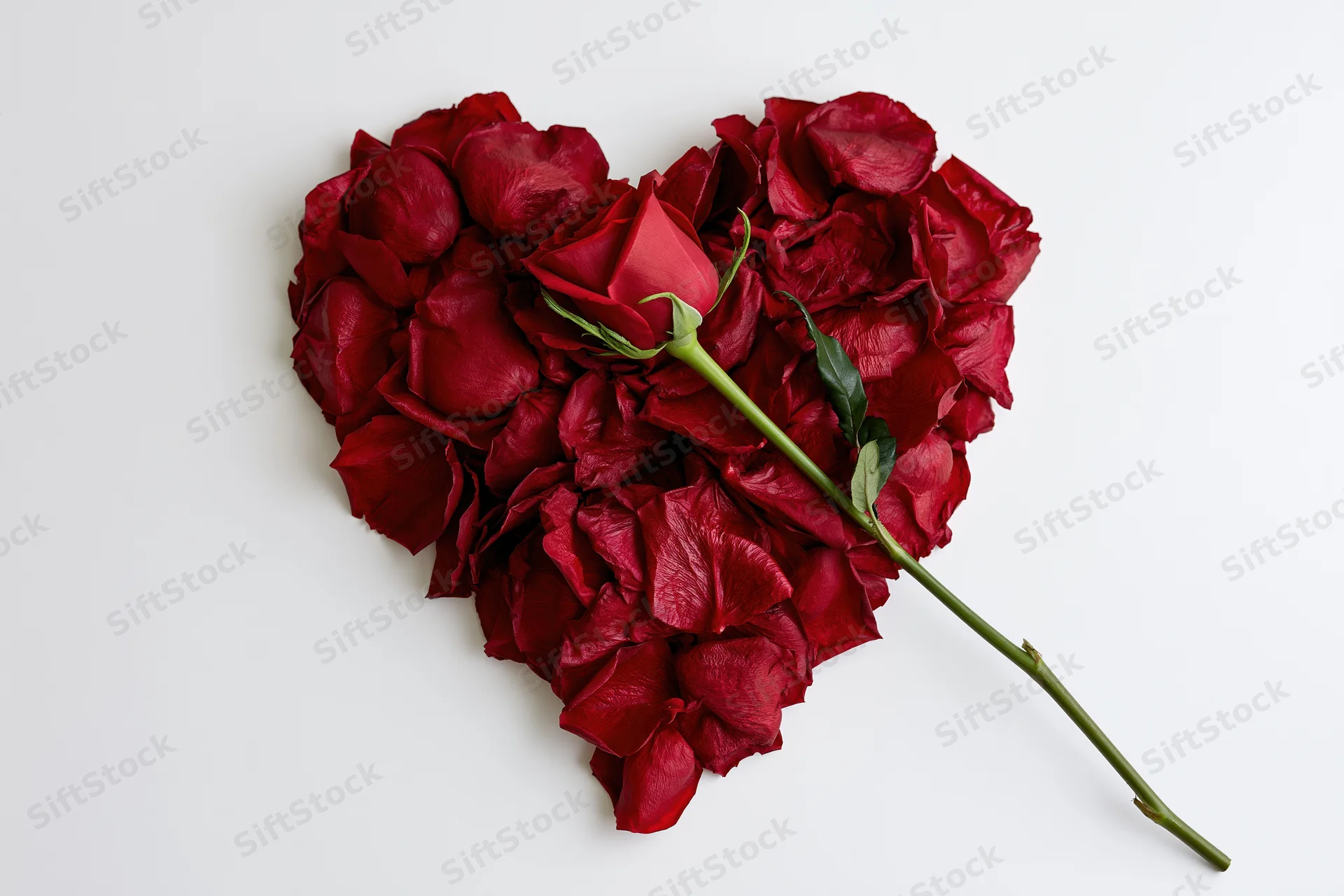 Heart-shaped arrangement of deep red rose petals with a single rose on white background