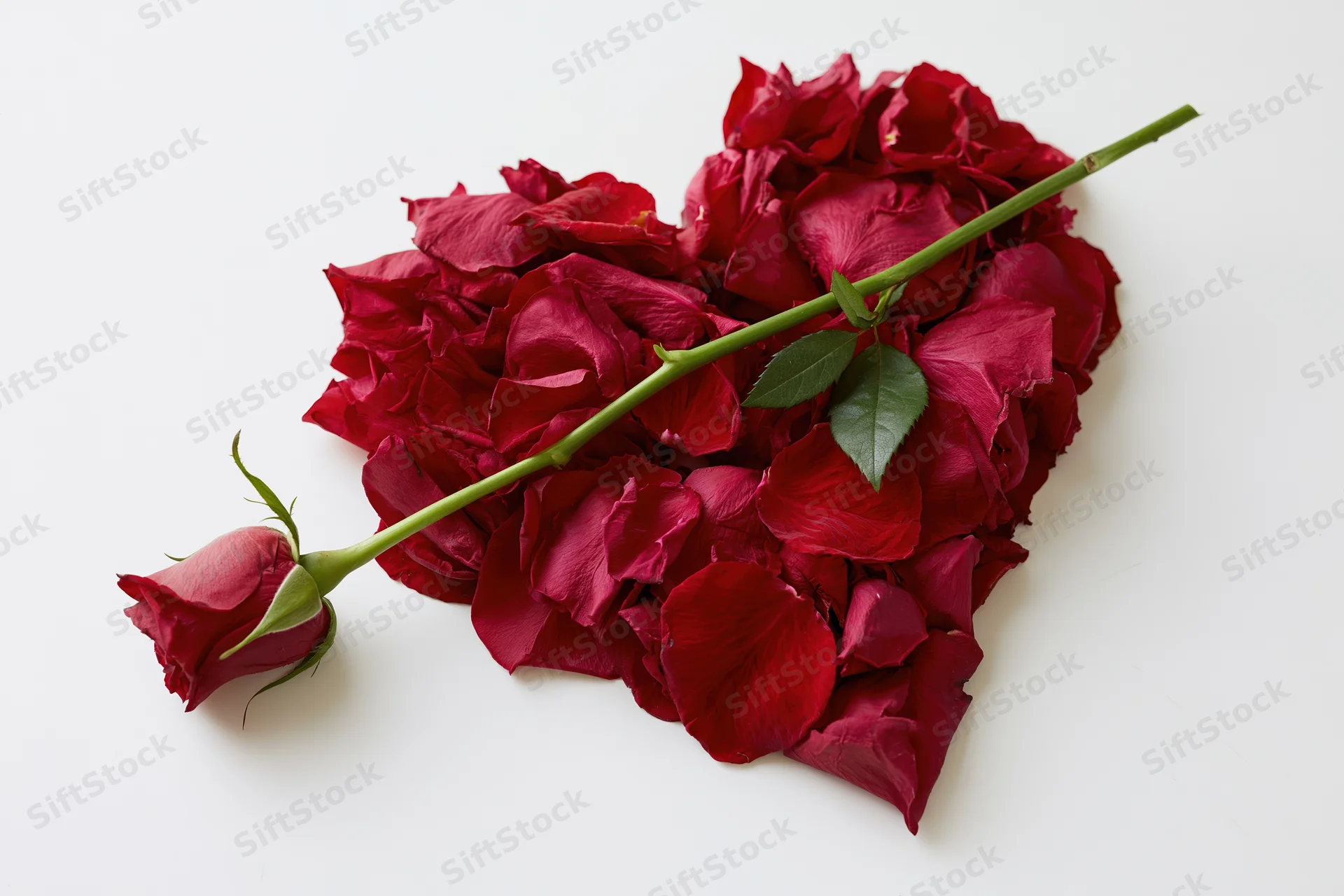 Heart-shaped arrangement of deep red rose petals with a single rose stem on white background