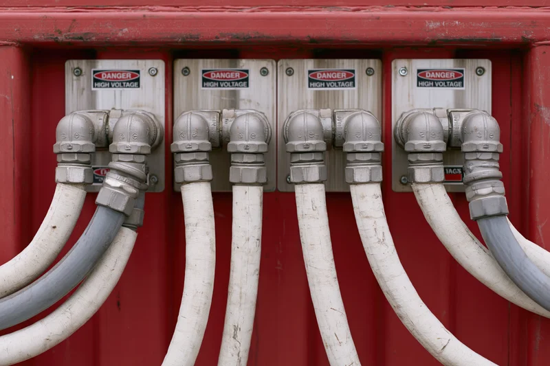 Industrial electrical panel with multiple conduits and danger signs on red metal wall