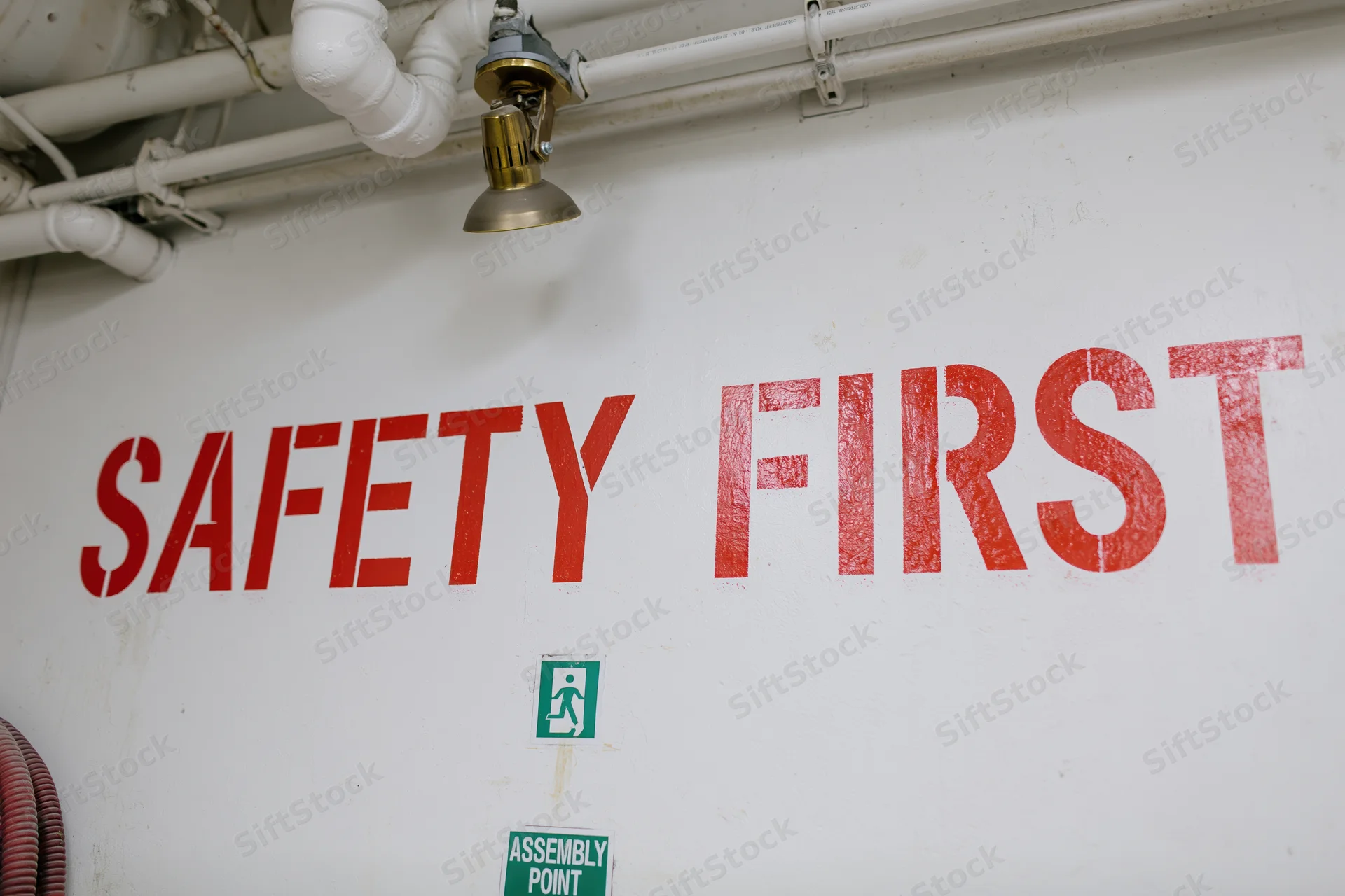 Safety first sign painted in red on white industrial wall with pipes and emergency exit symbols below