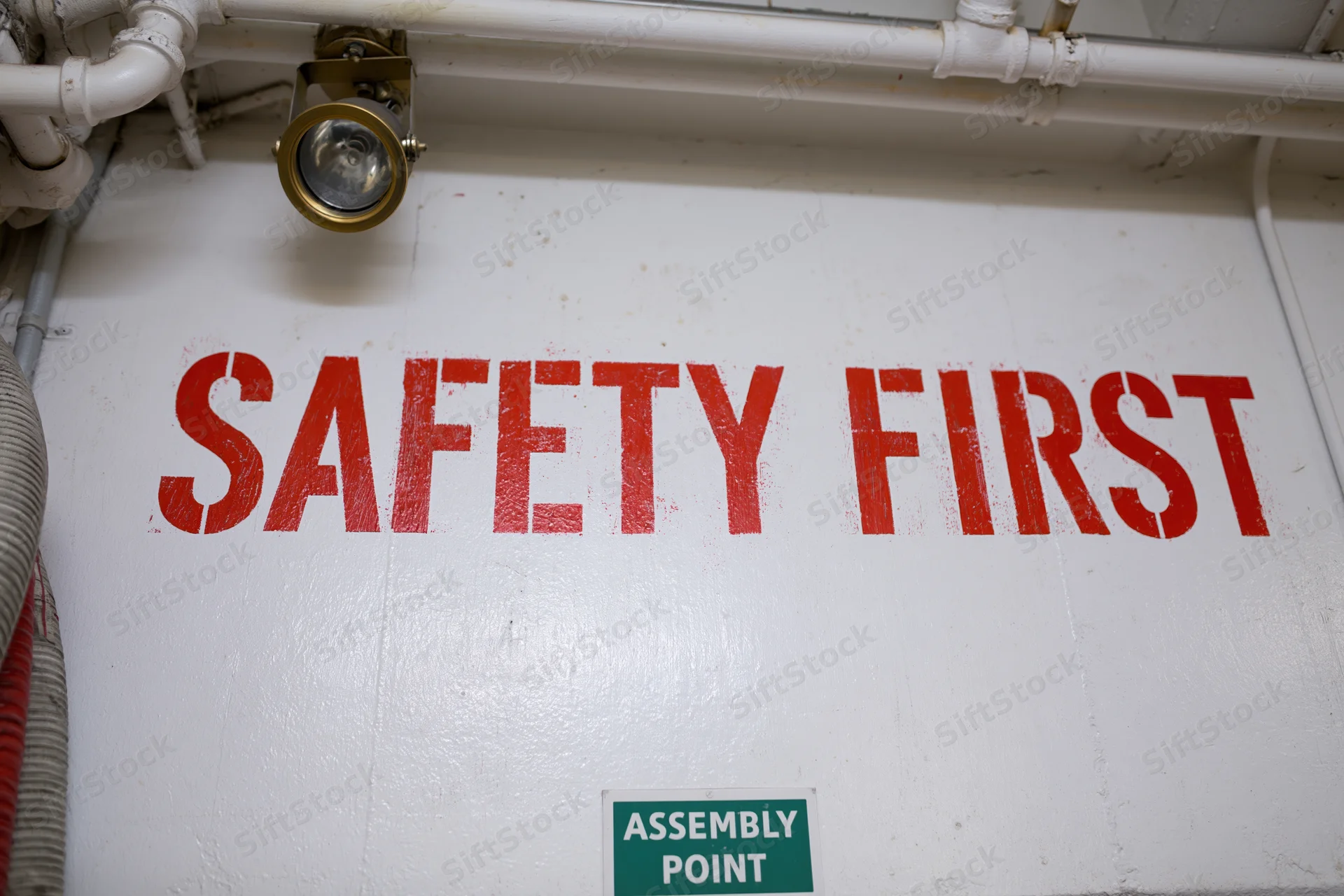 Safety first text painted in red on white industrial wall with assembly point sign below