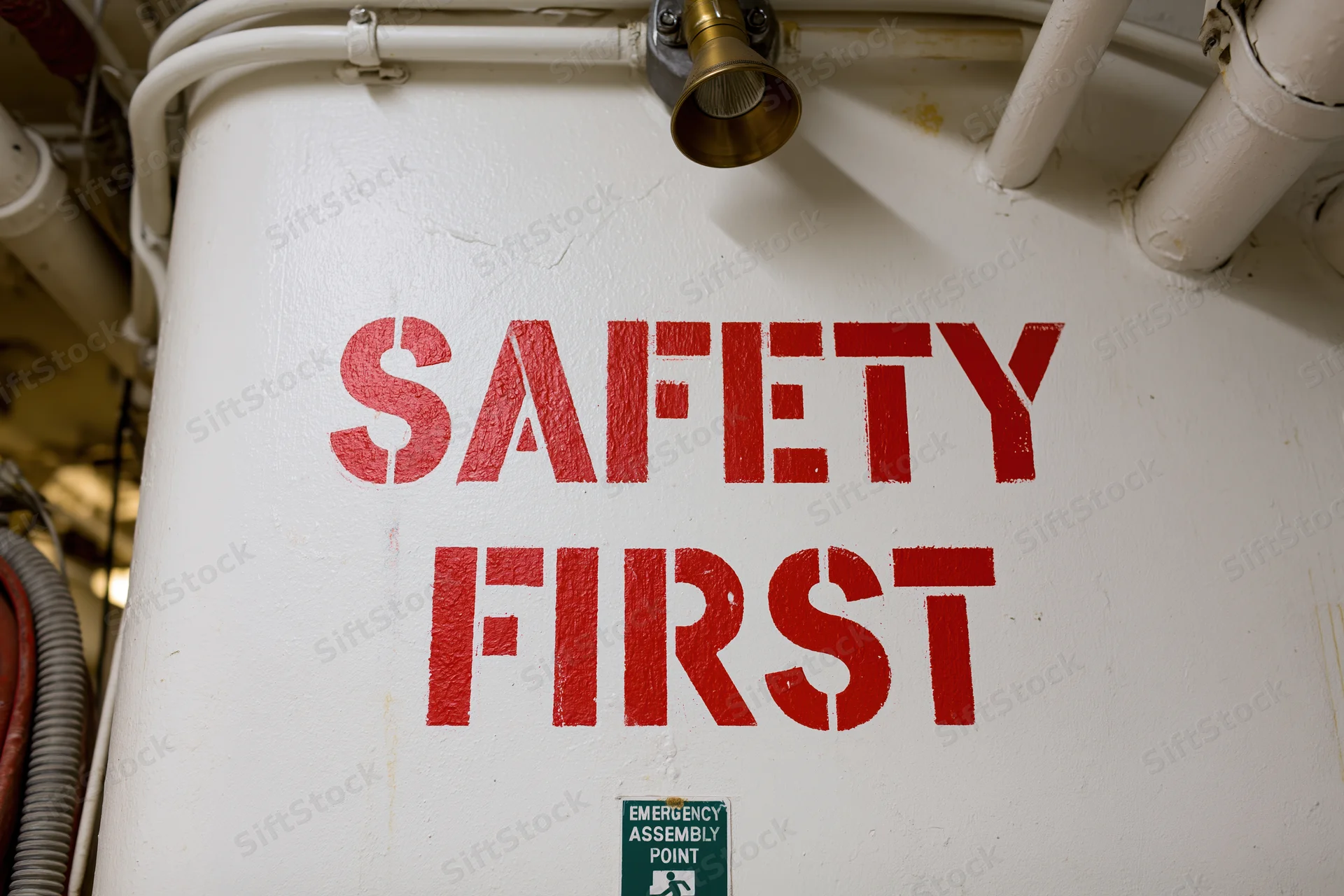 White industrial wall with bold red safety first text and emergency assembly point sign