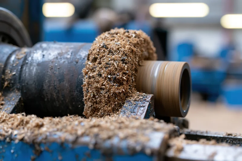 Woodturning lathe in operation with wood shavings accumulating on the machine in a workshop