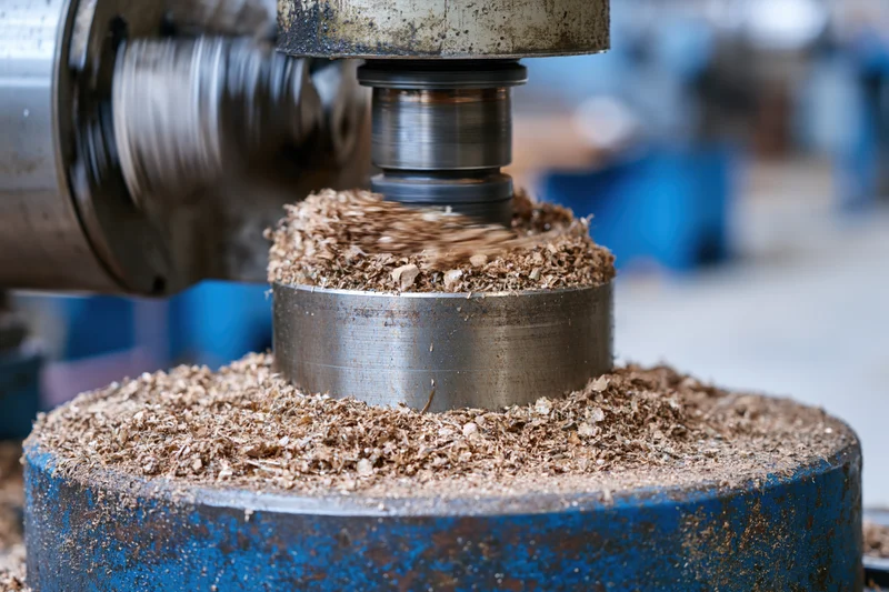 Industrial lathe grinding metal with shavings accumulating on blue base in workshop