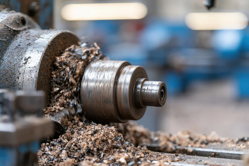 Industrial lathe in operation with metal shavings flying around the spindle in a workshop