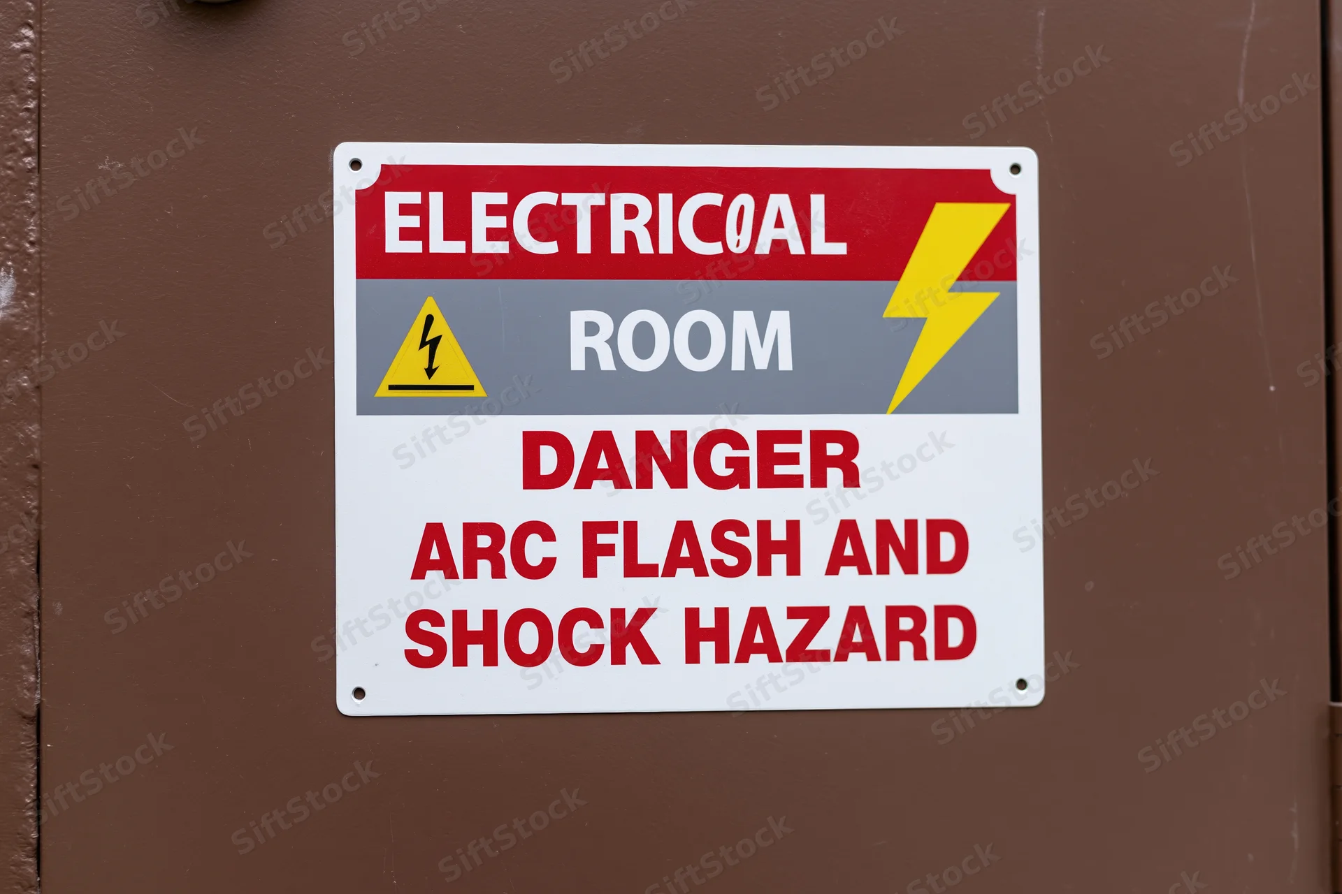 Safety sign warning of arc flash and shock hazard mounted on a brown metal door