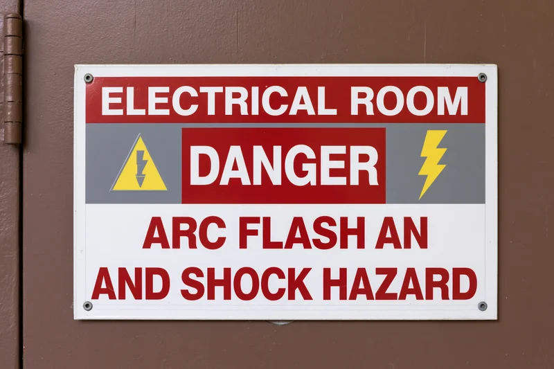 Danger sign warning of arc flash and shock hazard on electrical room door