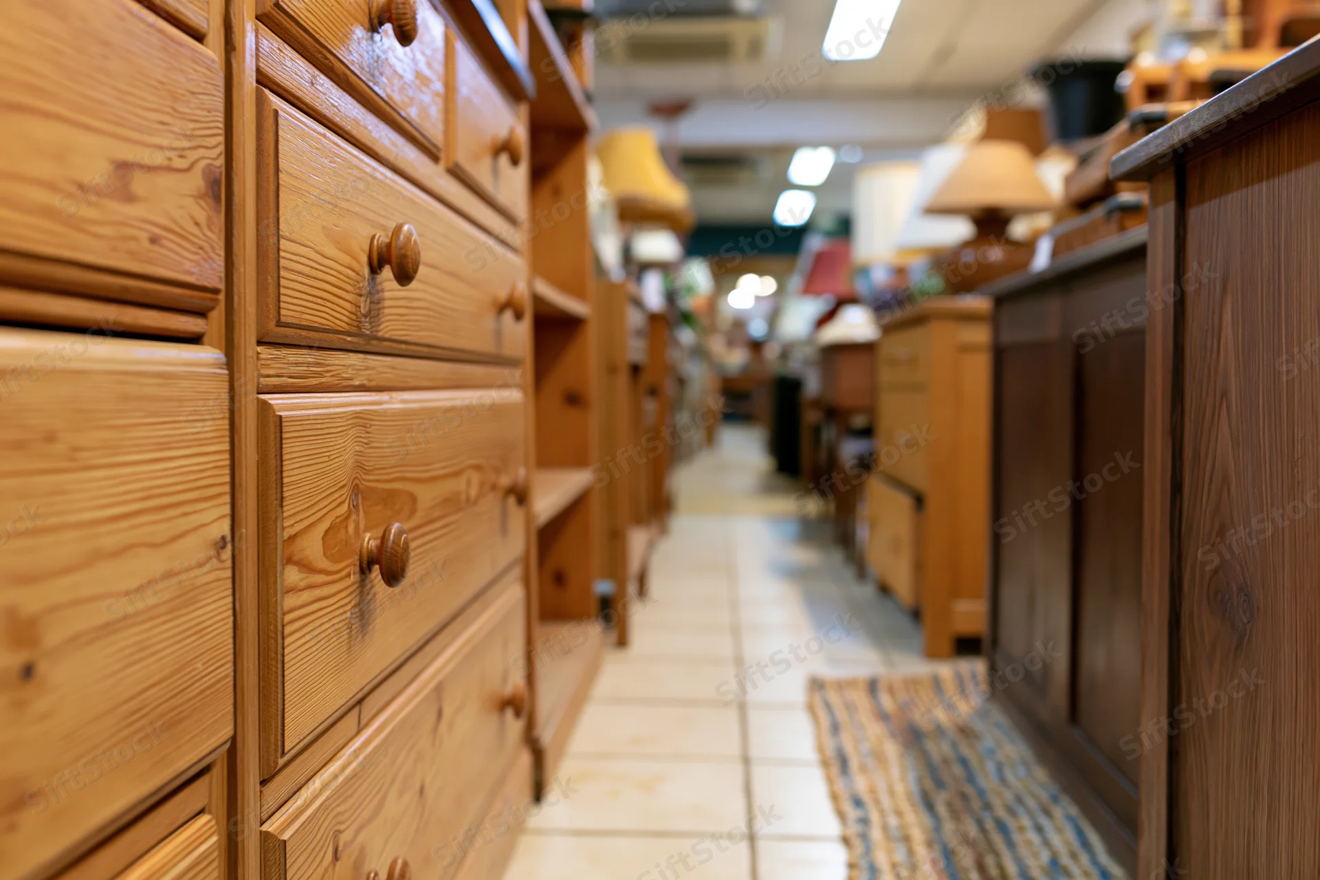 Wooden drawers and cabinets lining an aisle in a secondhand furniture shop