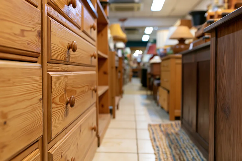 Wooden drawers and cabinets lining an aisle in a secondhand furniture shop