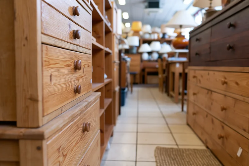 Wooden drawers and furniture displayed in an aisle of a secondhand shop