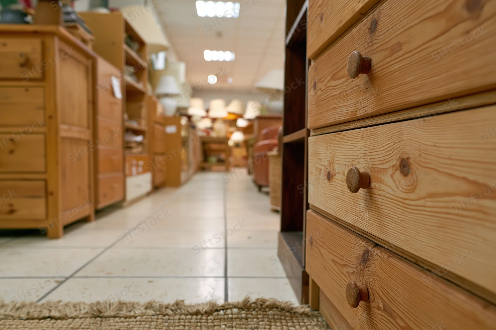 Wooden drawers in a secondhand furniture shop aisle with tiled flooring and overhead lighting
