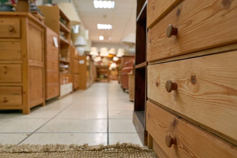 Wooden drawers in a secondhand furniture shop aisle with tiled flooring and overhead lighting