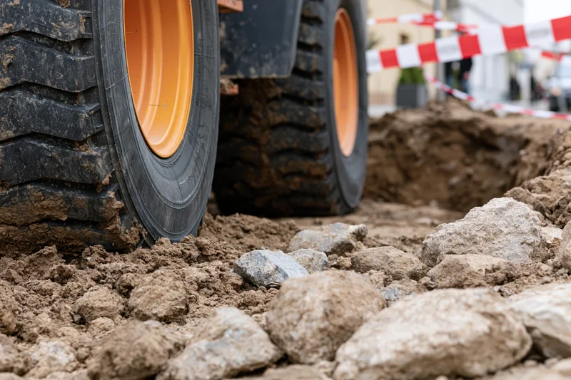 Large construction vehicle wheels with orange rims parked beside a muddy excavation site with rocks and caution tape