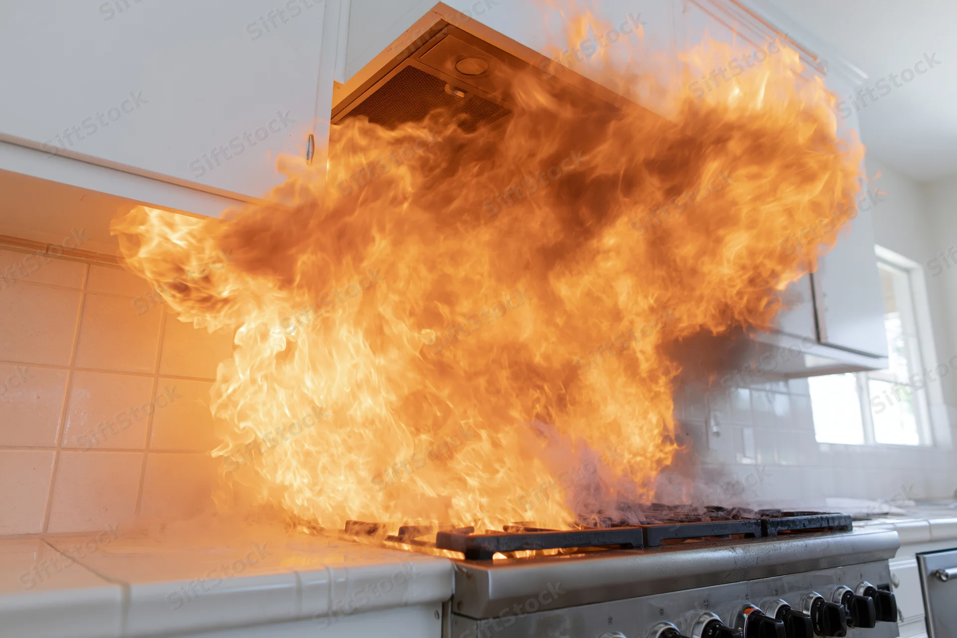 Large flames erupting from gas stove in kitchen interior