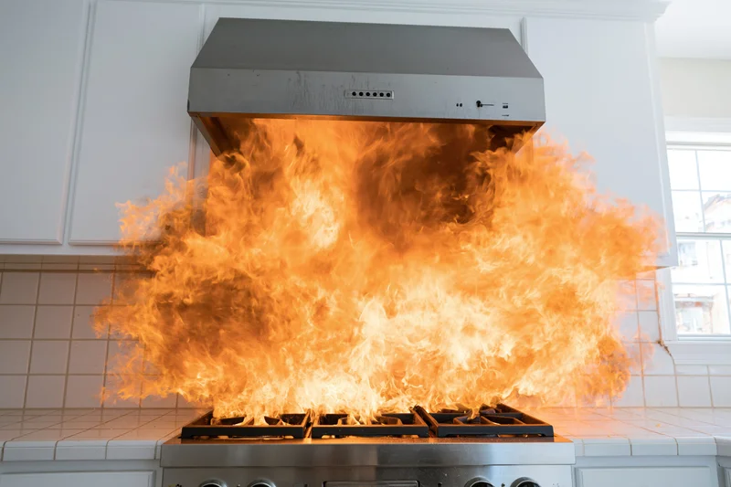 Large flames erupting from gas stove in residential kitchen