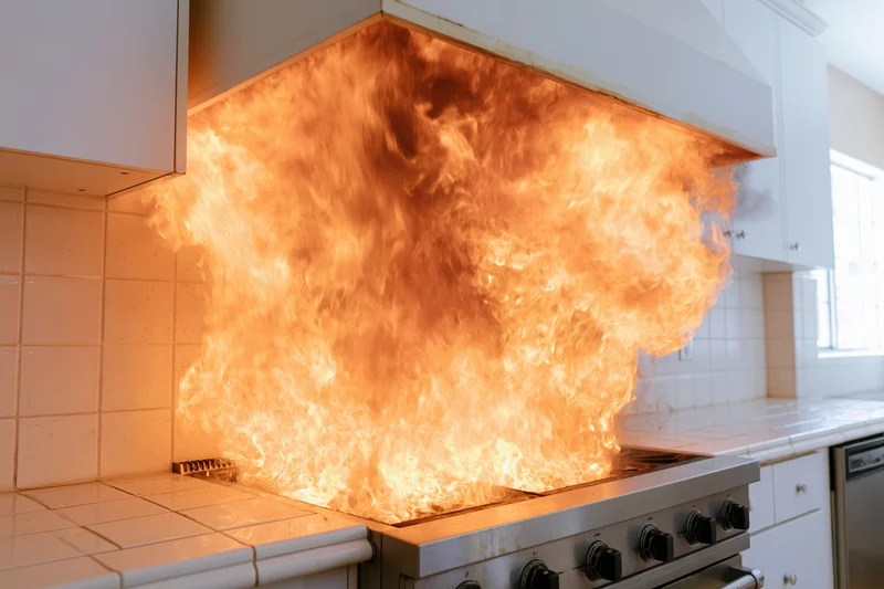 Large flames erupting from gas stove in residential kitchen
