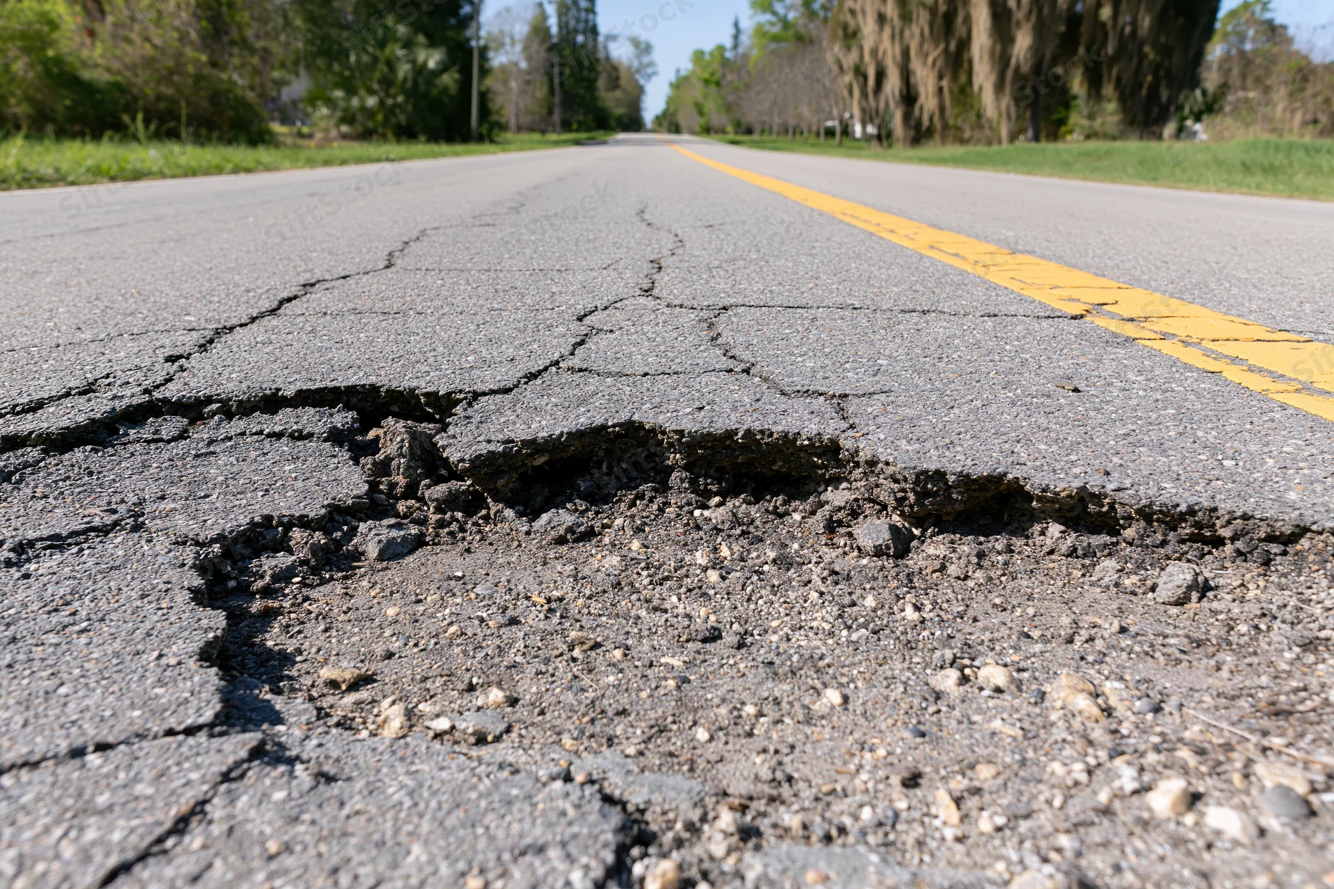 Large pothole with crumbling asphalt edges on a two-lane road surrounded by trees and grass under sunlight