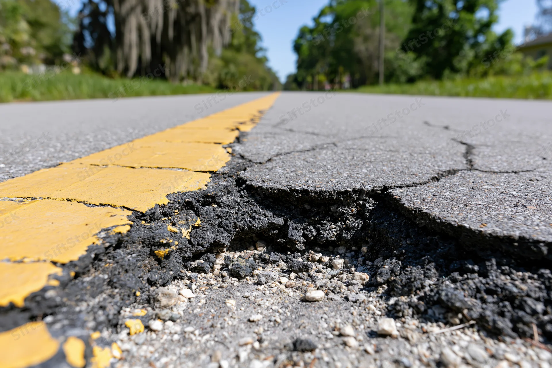 Large pothole with crumbling asphalt edges on a cracked road surface marked by a fading yellow line