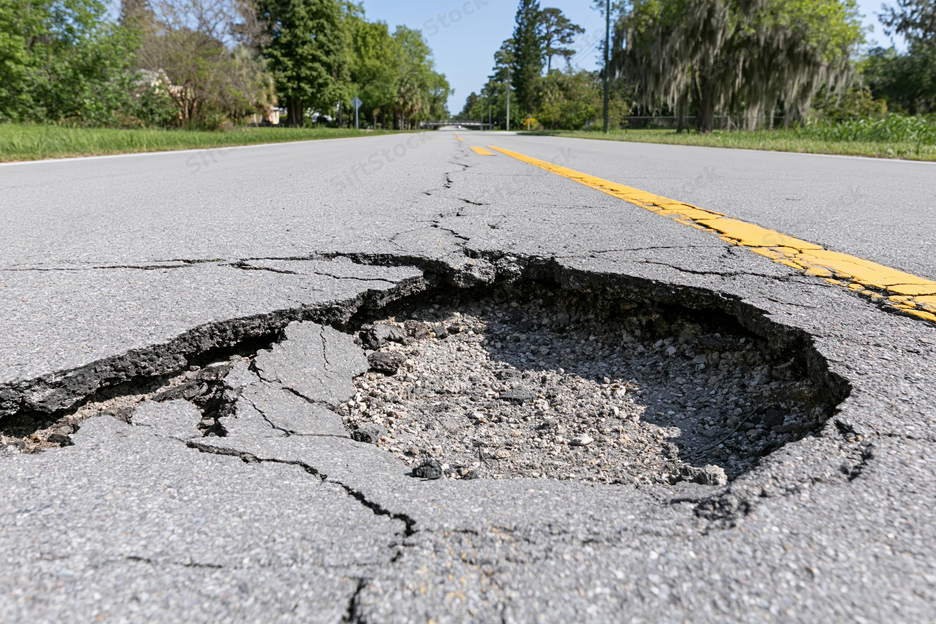 Large pothole with crumbling asphalt edges centered in a two-lane road surrounded by trees and greenery under clear sky