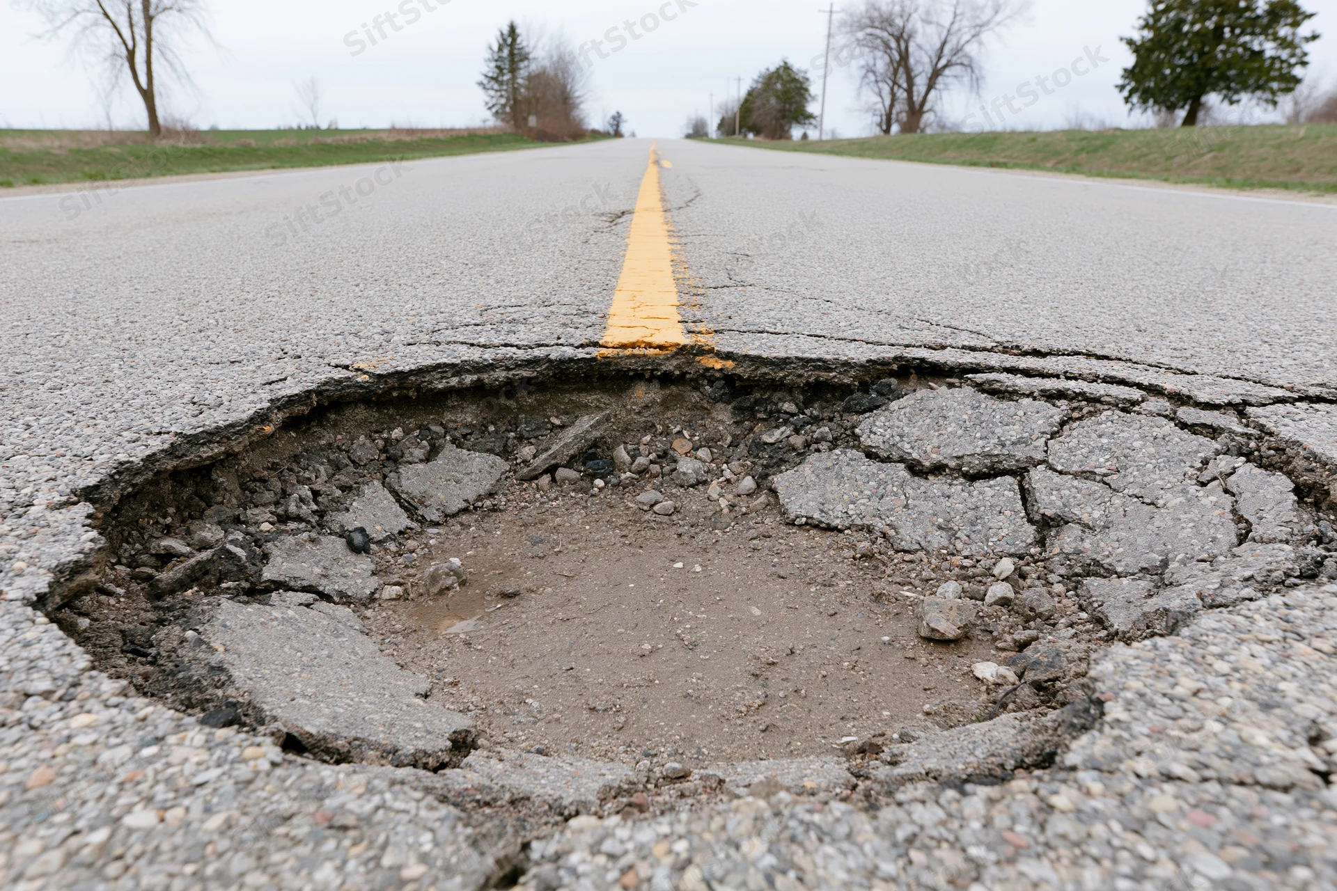 Large pothole with crumbling asphalt edges on a two-lane rural road