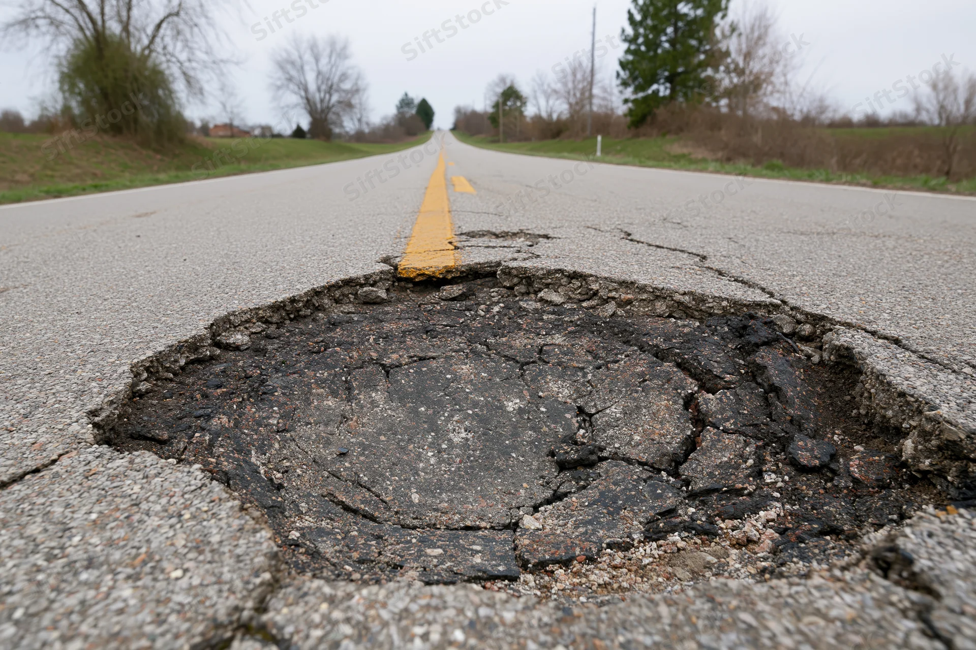 Large pothole with crumbling asphalt edges on a rural two-lane road