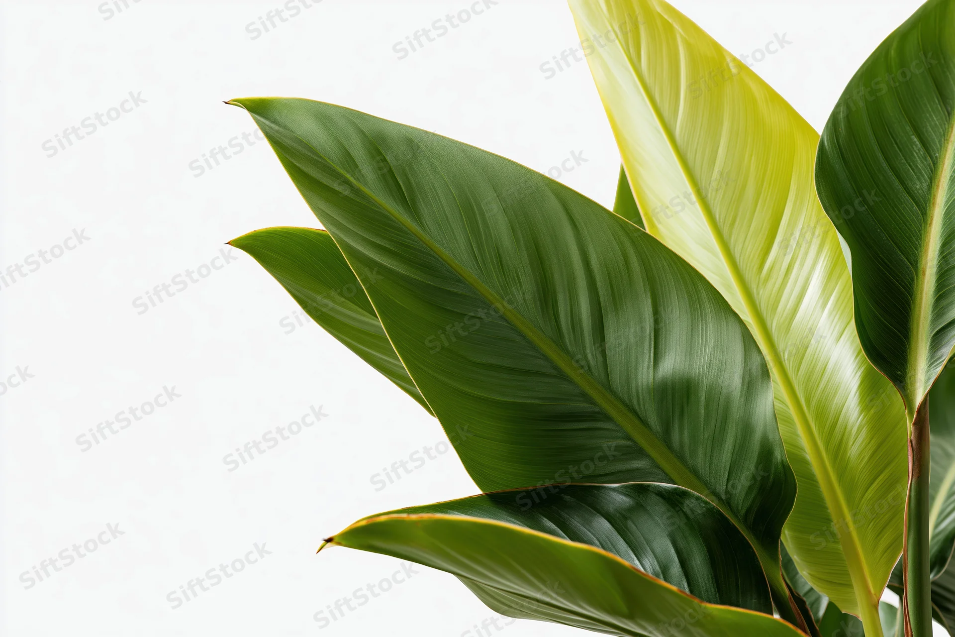 Large tropical houseplant leaves filling the lower-right corner against a white background