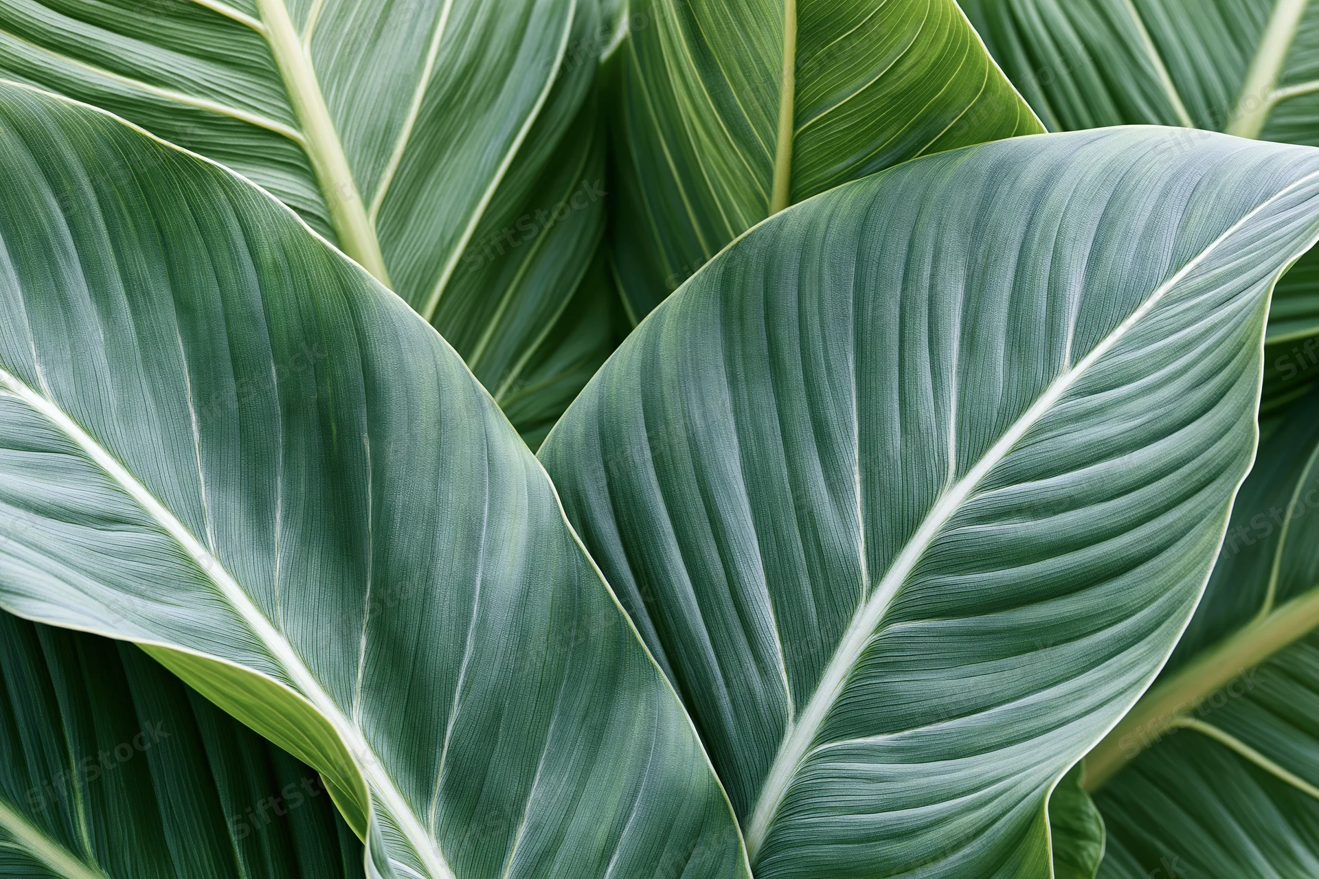 Large tropical leaves overlapping and filling the frame with detailed venation and glossy green texture