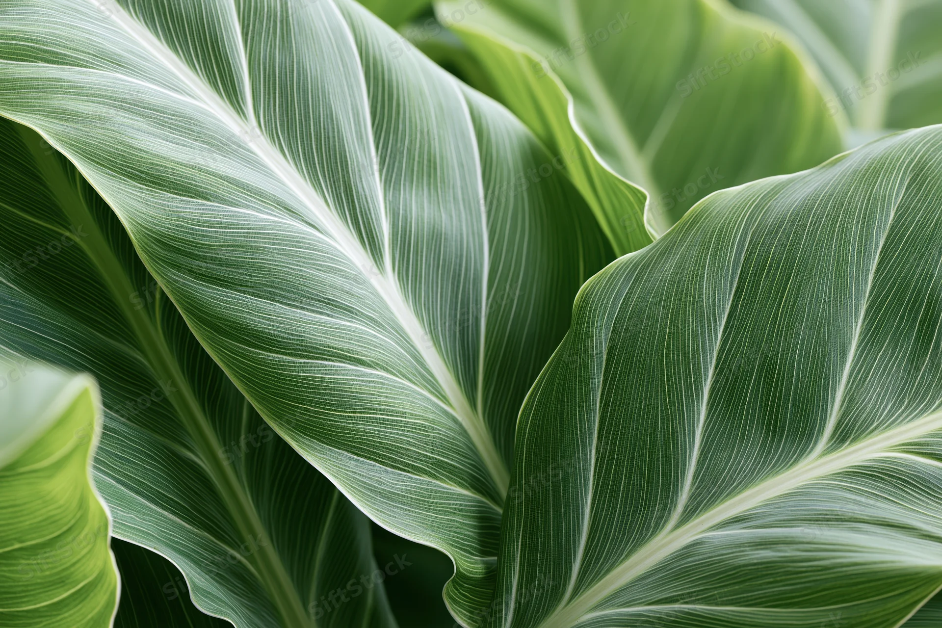 Large tropical leaves overlapping and filling the frame with visible veins and green texture