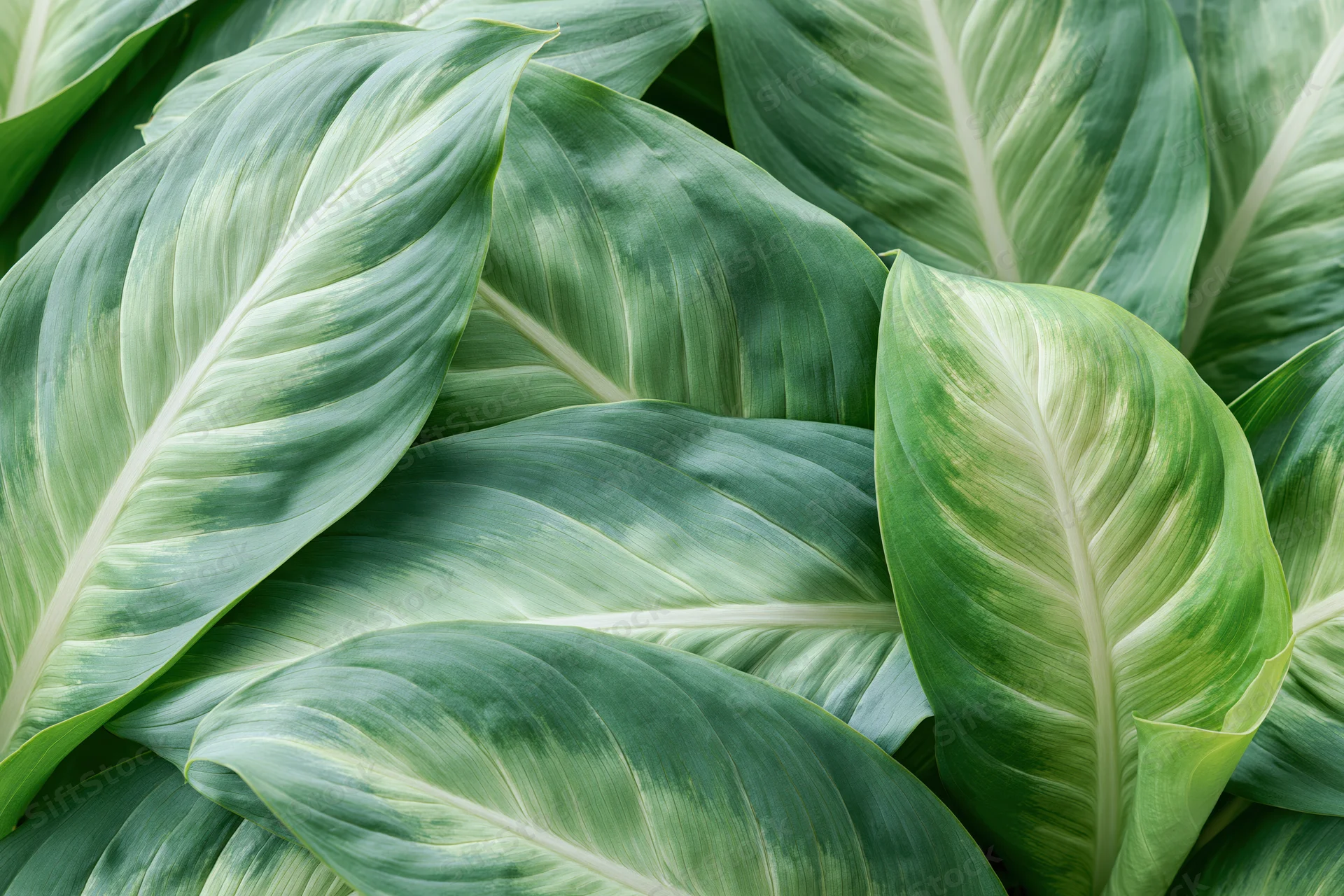 Overlapping tropical leaves filling the frame in a dense natural pattern