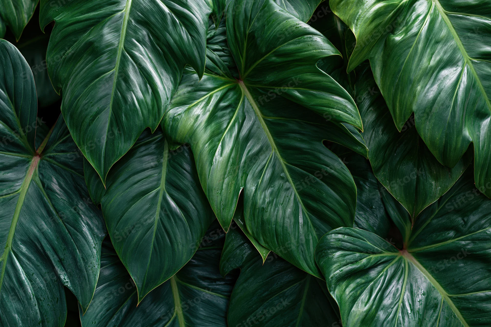 Large tropical philodendron leaves filling the frame in a dense overlapping pattern