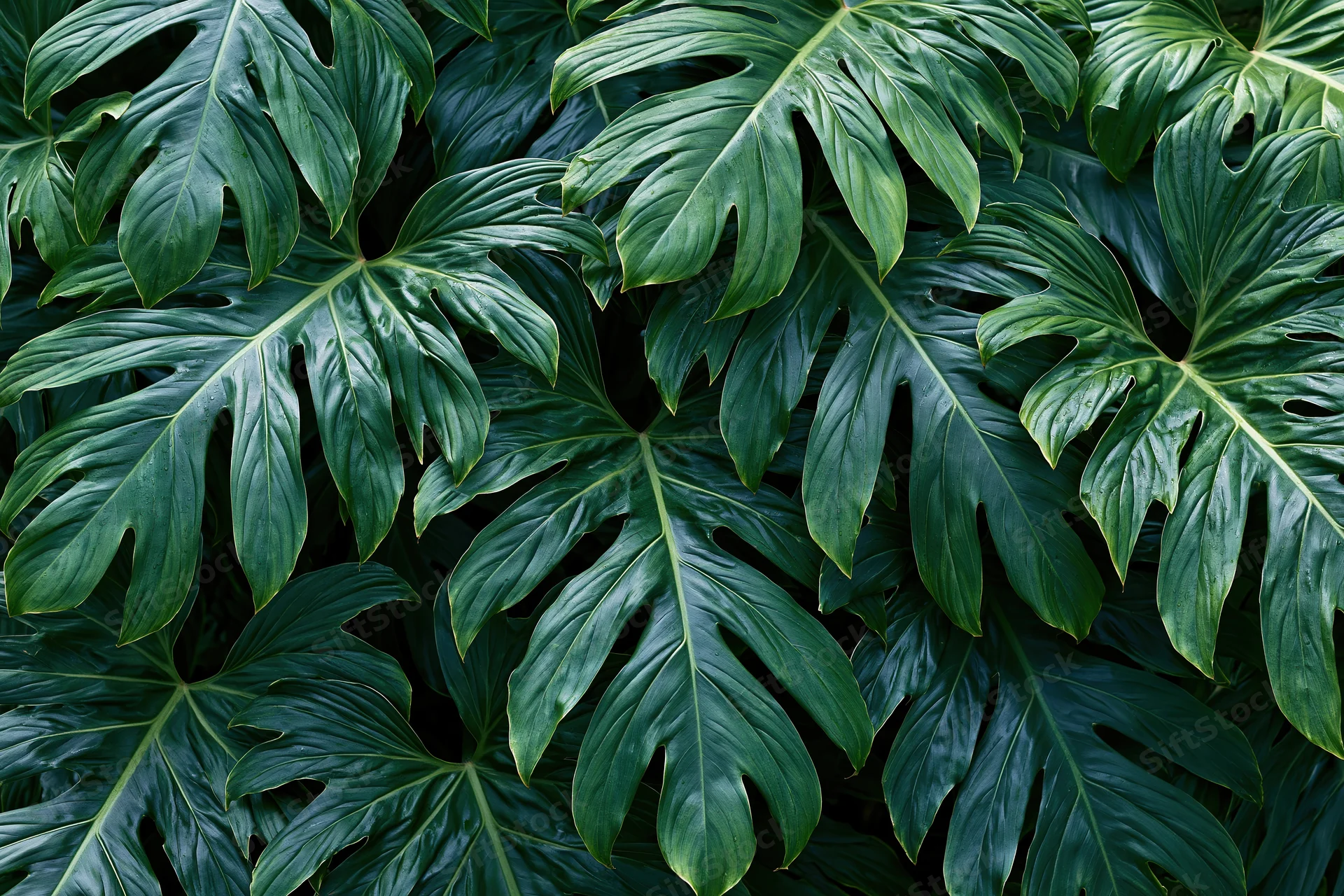 Monstera leaves filling the frame in a dense tropical foliage pattern