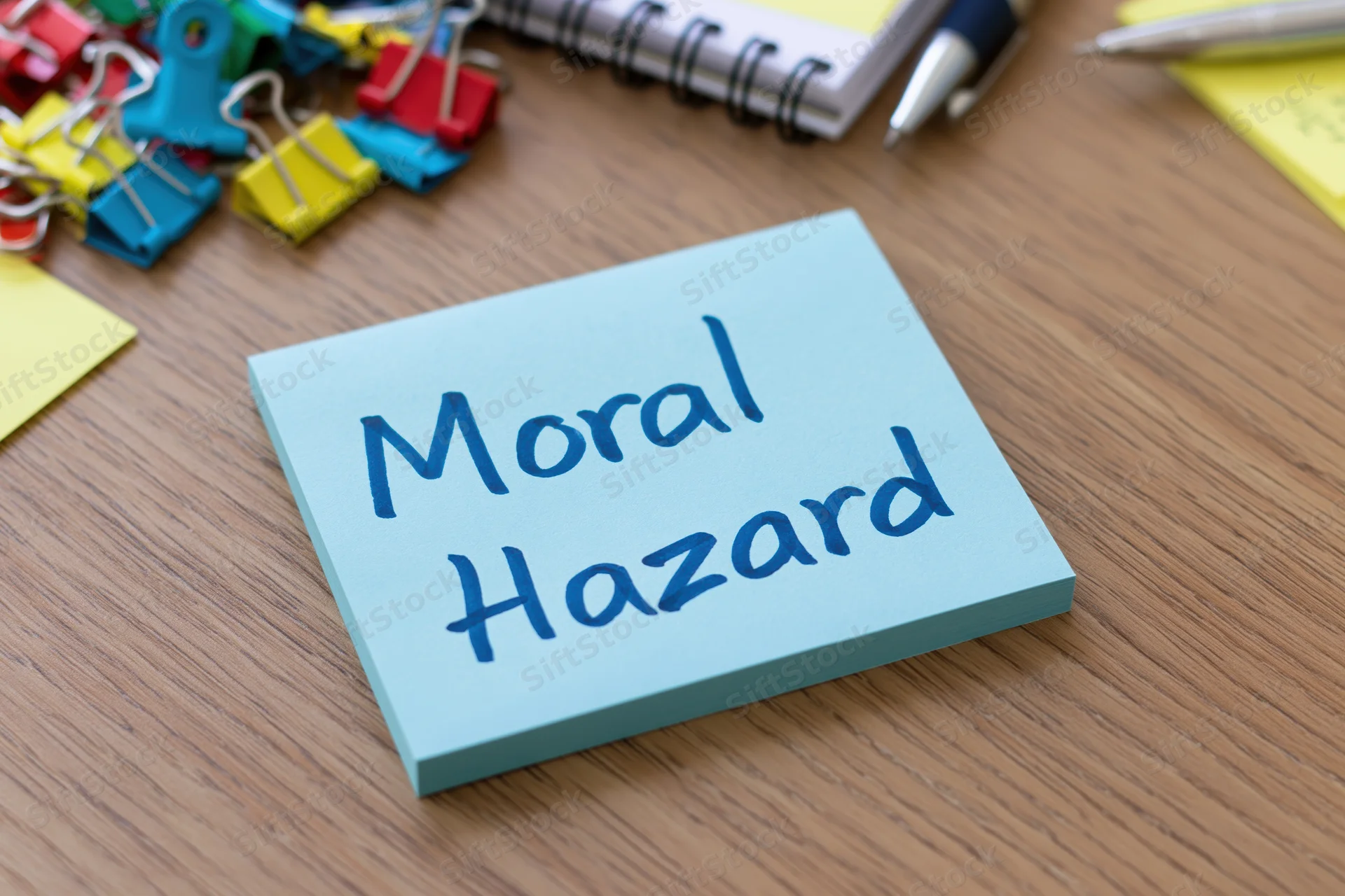 Light blue sticky note with moral hazard handwritten on it on wooden desk surrounded by office supplies
