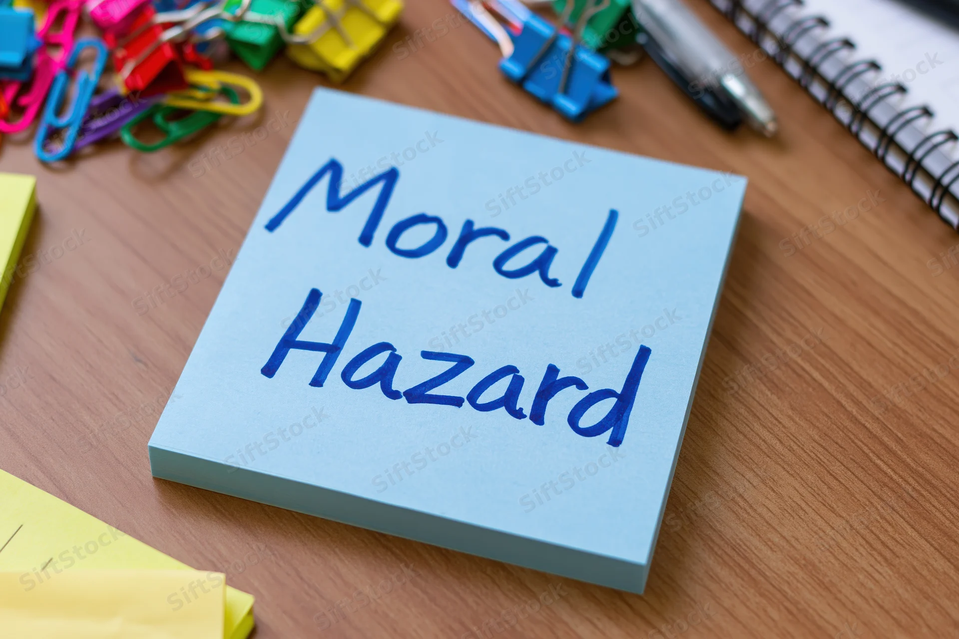 Light blue sticky note with moral hazard handwritten on it on a wooden desk surrounded by office supplies