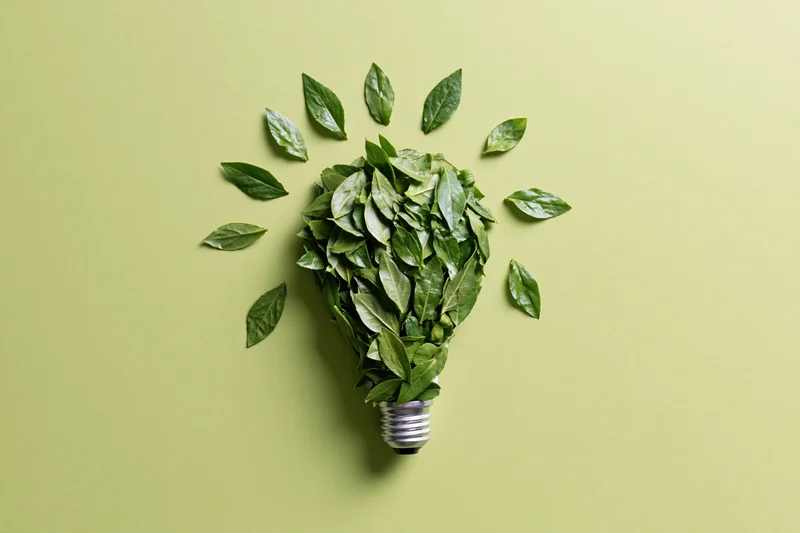 Lightbulb shape made from green leaves on a pale green background