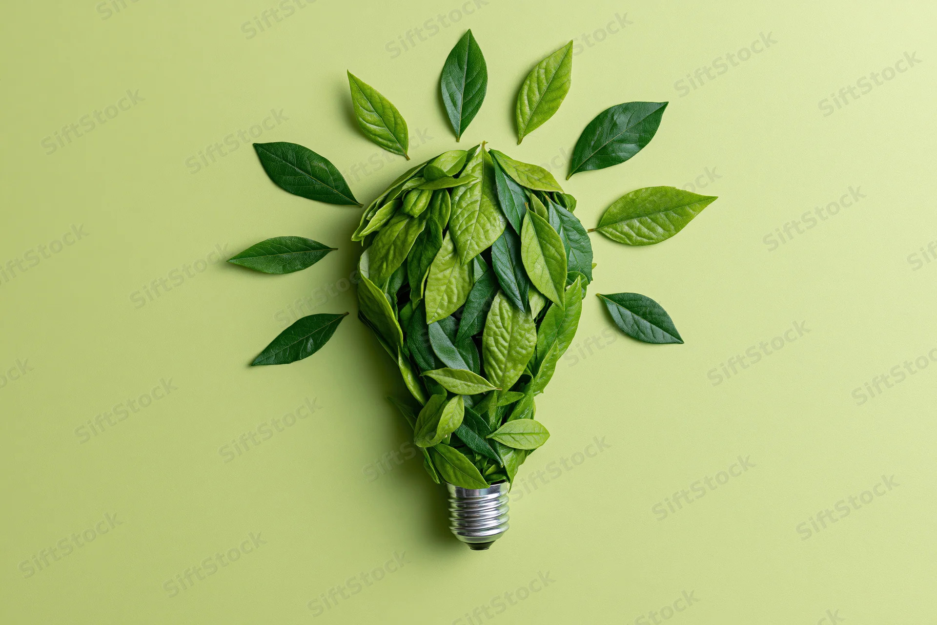 Lightbulb shape made of green leaves on a pale green background