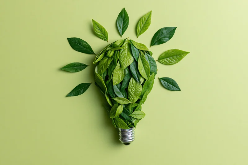 Lightbulb shape made of green leaves on a pale green background