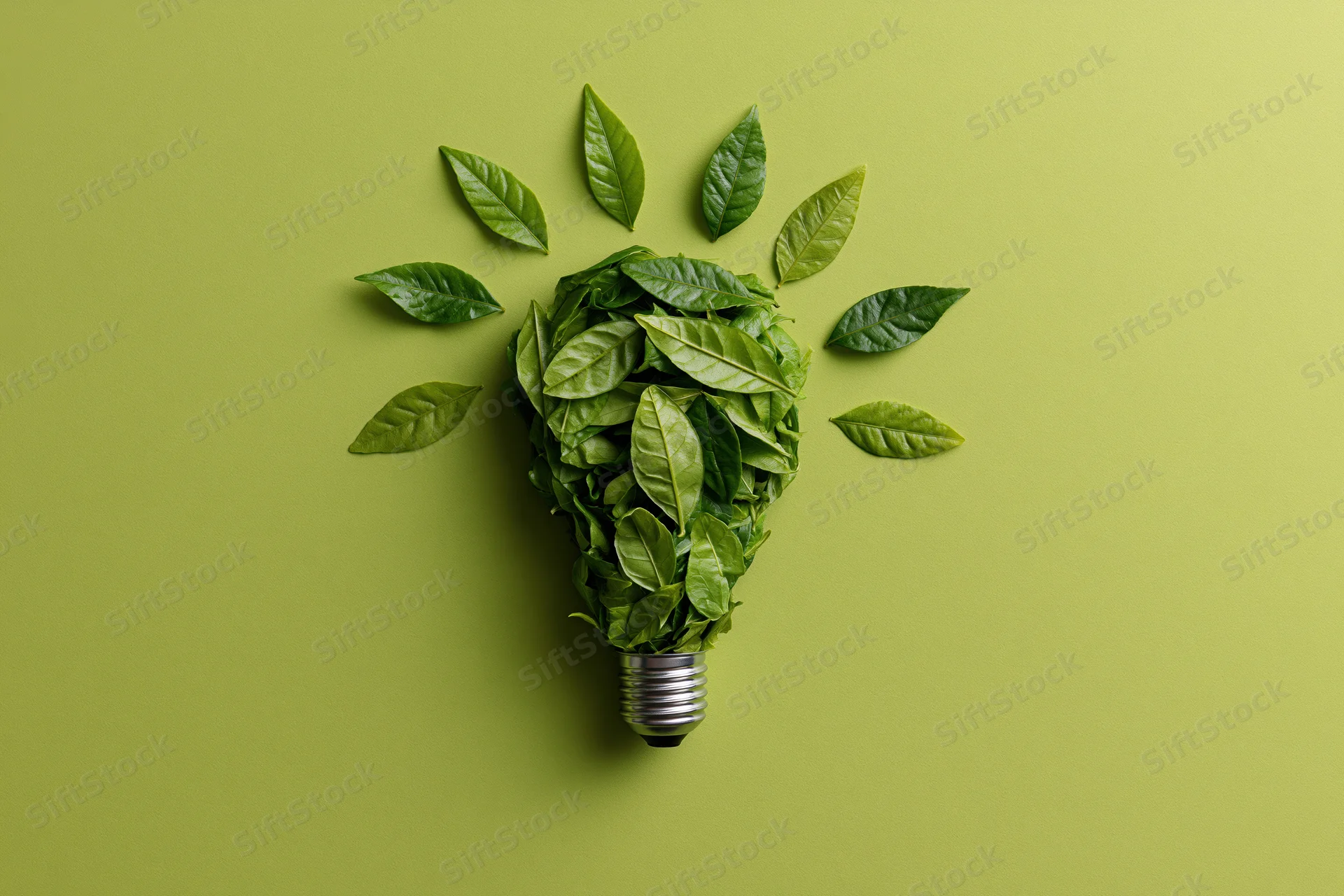 Lightbulb shape made of green leaves on a solid green background
